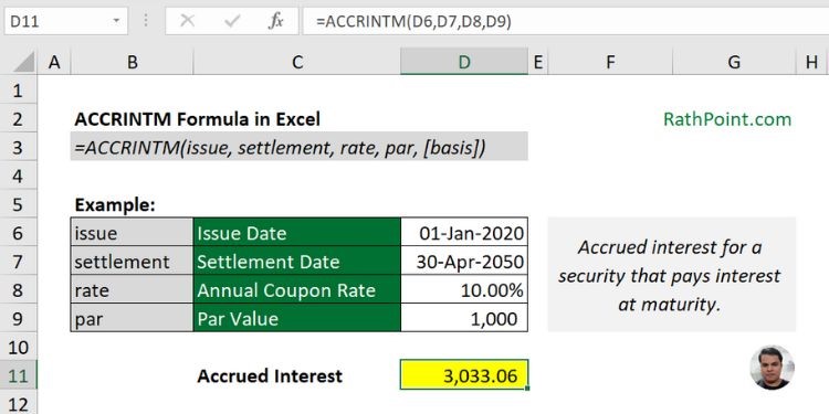 How to use ACCRINTM Formula in Excel with Example 1 - Rath Point