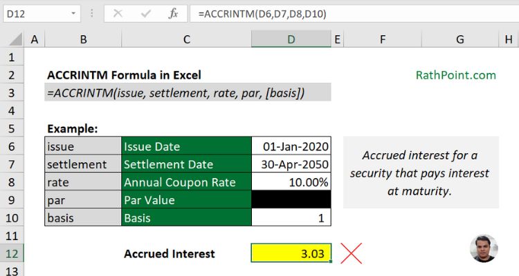 How to use ACCRINTM Formula in Excel with Example 4 - Rath Point