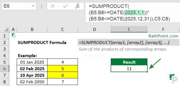 Excel SUMPRODUCT Formula Example (date range)