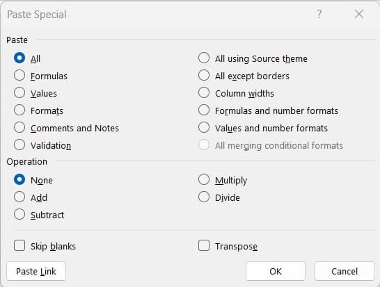 Excel Clipboard Paste Special Options