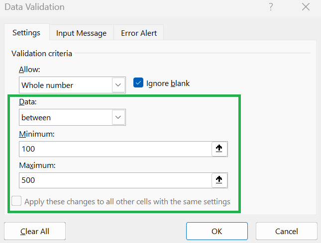 Conditions for Validation Criteria in Excel