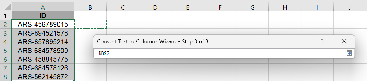 Destination - Text to Columns in Excel