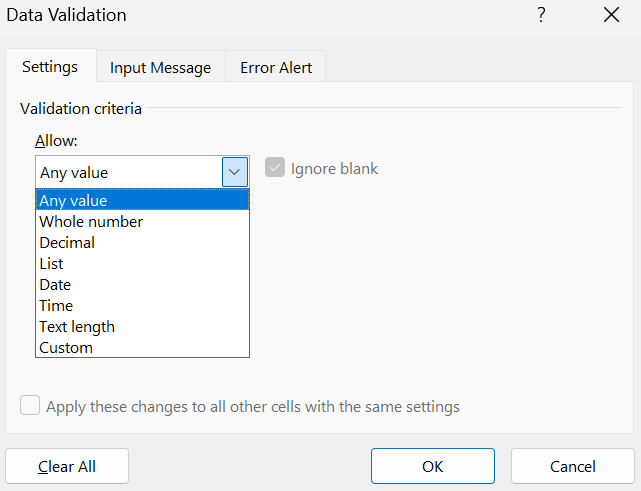 Excel Data Validation Criteria