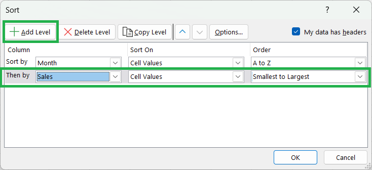 How to Sort Data in Excel - Add Level