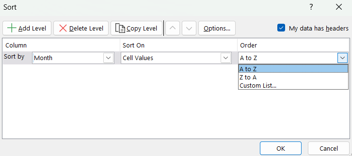 How to Sort Data in Excel - Sort Order