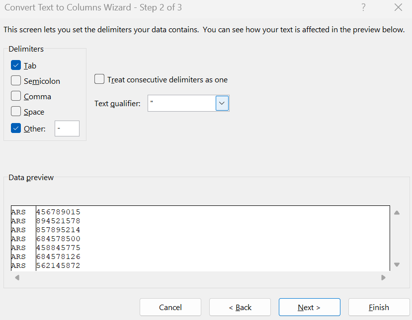 Select Delimiters to Convert Text to Columns in Excel