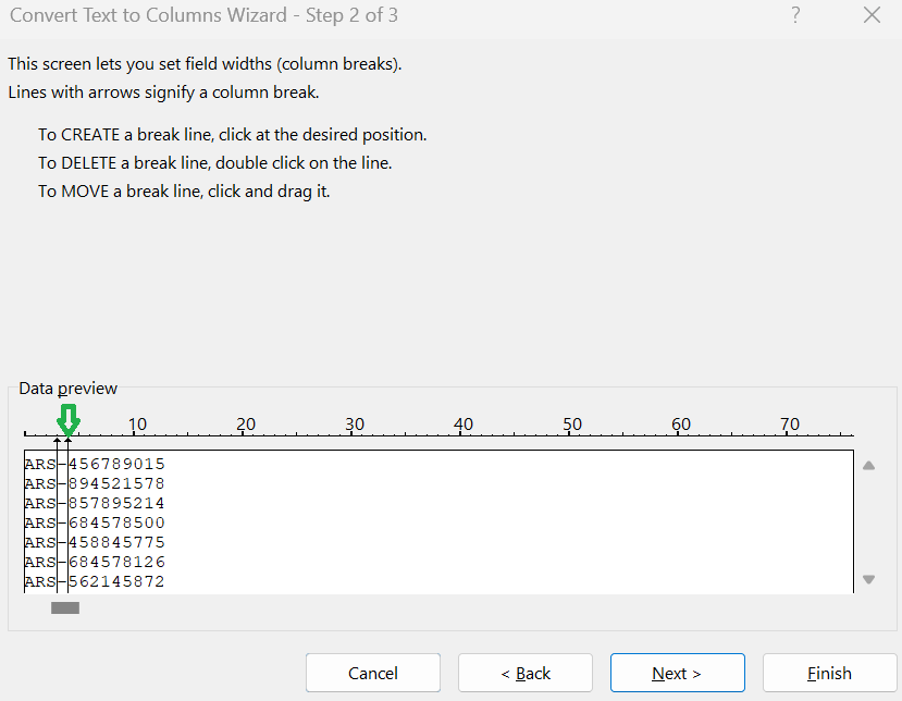 Set Field Widths (Column Breaks) - Text to Columns in Excel