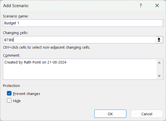 Add Scenario Name - Changing Cells - Comment - Protection - Prevent Changes - Hide