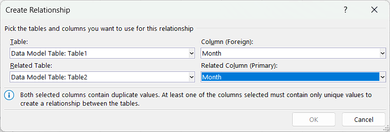 Both selected columns contain duplicate values. At least one of the columns selected must contain only unique values to create a relationship between the tables