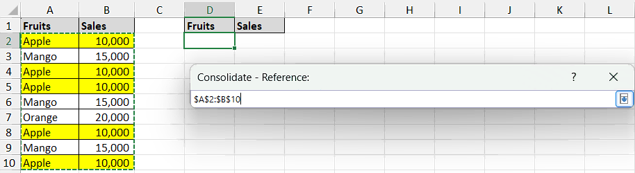 How to Consolidate Data in Excel from Multiple Rows - Add Consolidate Reference