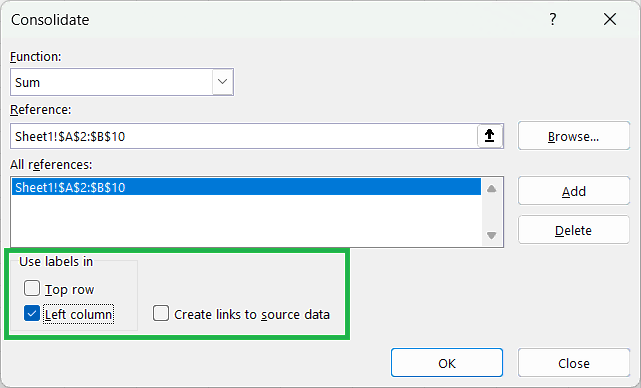 How to Consolidate Data in Excel from Multiple Rows - Use labels in - Left column