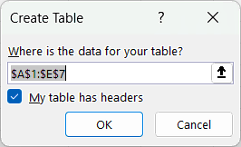 How to Create a Table in Excel - Create Table - Where is the data for your table - My table has headers