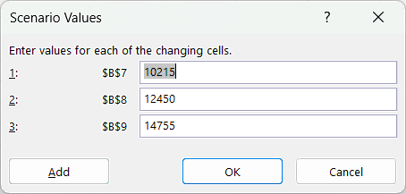 Scenario Values - Enter values for each of the changing cells