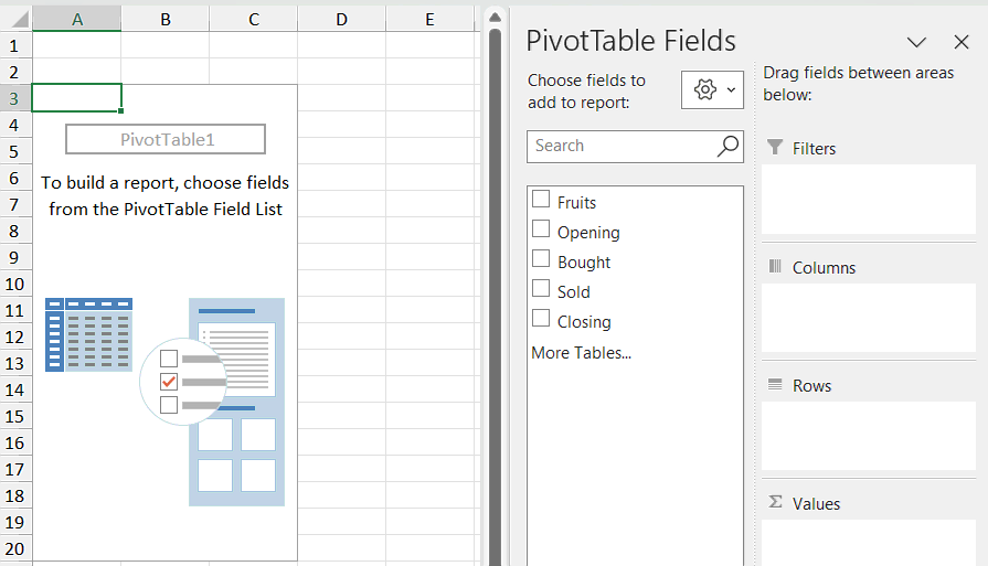 Choose Fields to add to report and create PivotTable in Excel