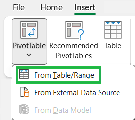 Create a Pivot Table in Excel From Table or Range Button
