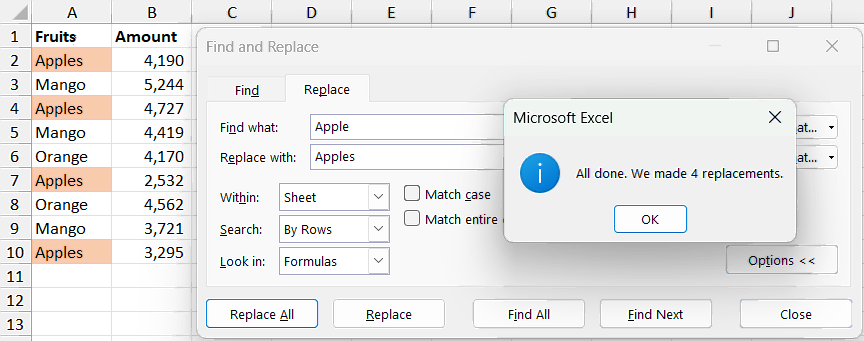 Example Find and Replace in Excel