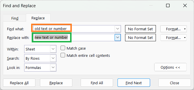 Excel Find and Replace Window