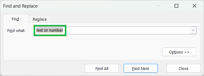 Find what - Text or Numbers Find in Excel