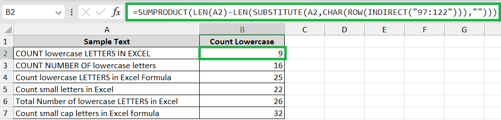 How to Count Lowercase Letters in Excel Formula