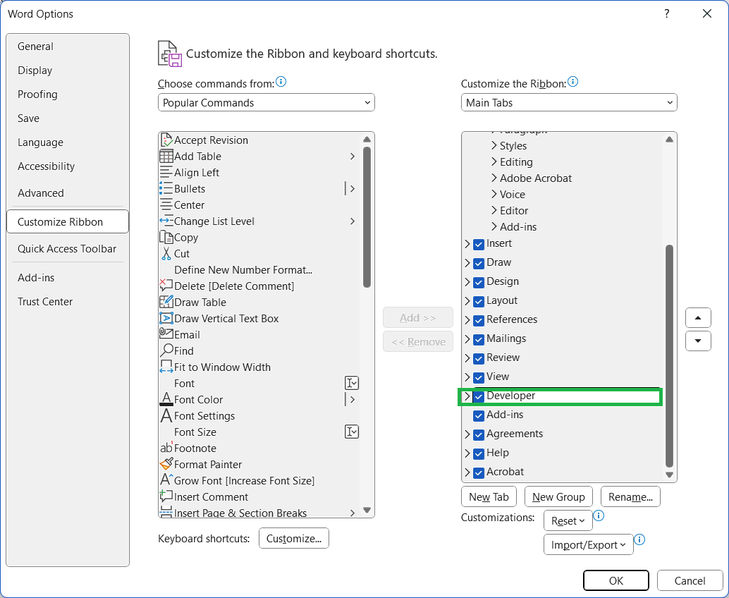 How to Create a Template in Word with Fillable Fields by adding Developer Tab