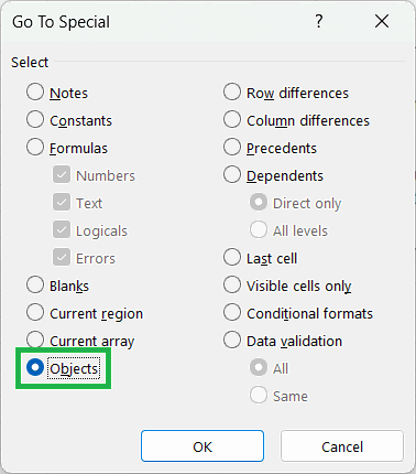 Select all Objects in Excel using Go To Special