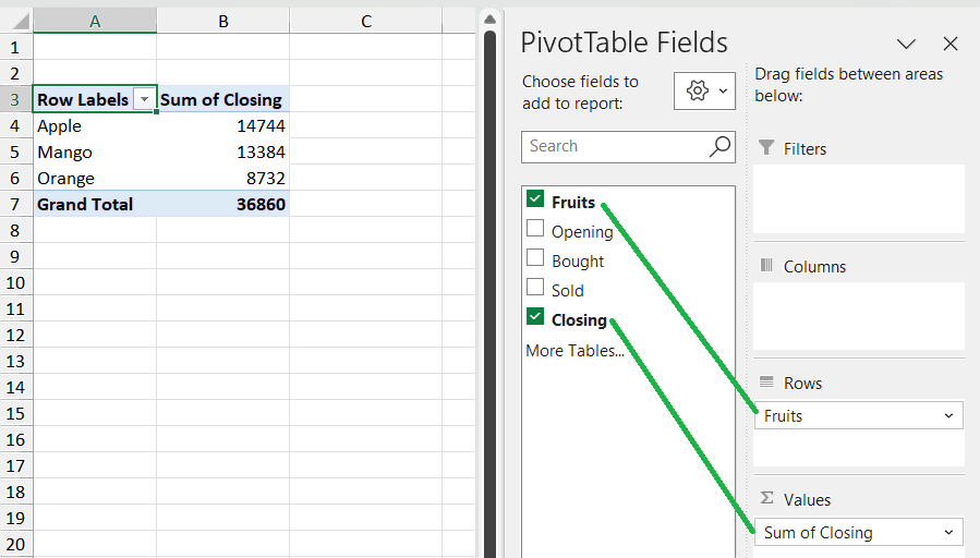 To build a report, choose fields from the PivotTable Field List and drag fields between areas