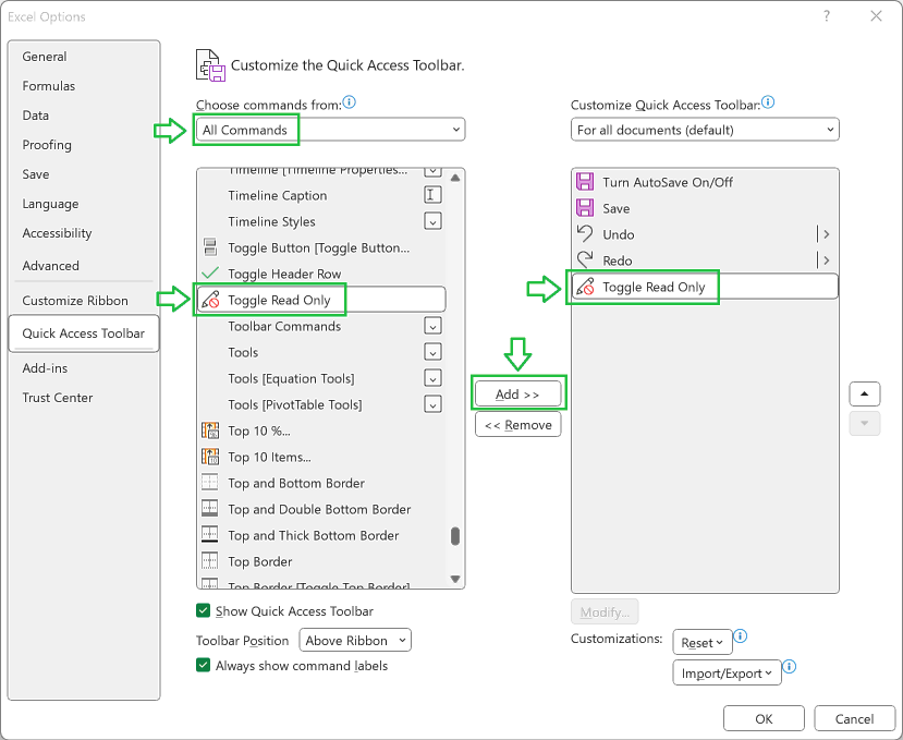 Add Toggle Read Only under Quick Access Toolbar to make an Excel file Read Only after Opening