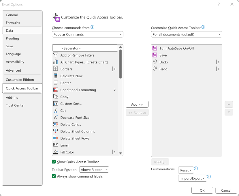 Customize Quick Access Toolbar under Excel Options