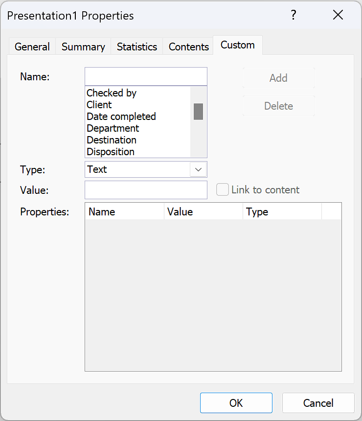 PowerPoint Advanced Properties Custom tab