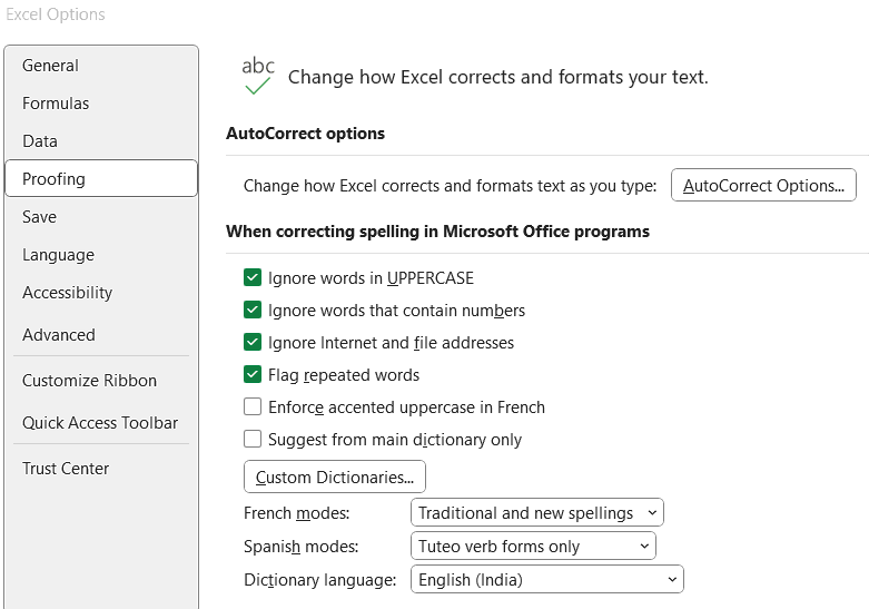 Spell Check Options in Excel - Excel Proofing Options