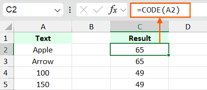 CODE Function in Excel returns the numeric code of the first character