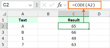 Excel CODE Function Example