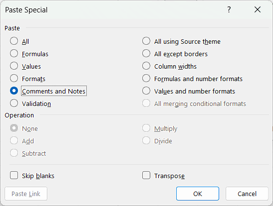 Copy and Paste a Comment in Excel