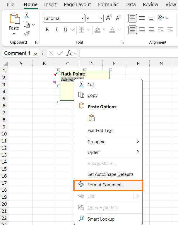 Format Comment in Excel