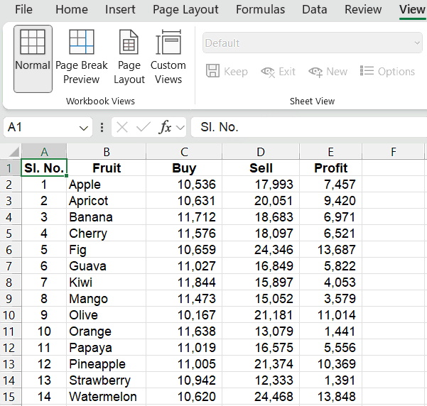 Normal View in Excel