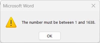 Font size number must be between 1 and 1638 in Microsoft Word