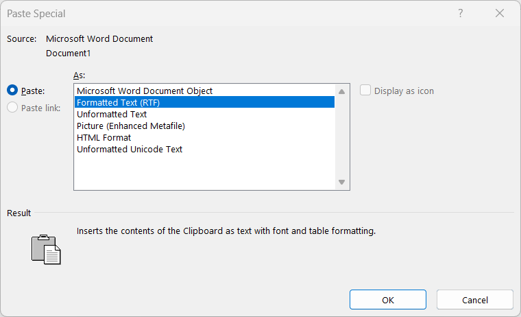 Paste Special in Word Clipboard