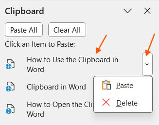 Paste or Delete from Clipboard in Word