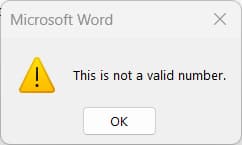 This is not a valid number Font size in Microsoft Word