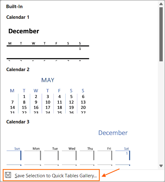 Save selection to Quick Tables gallery