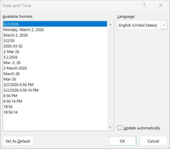 Insert Date and Time in Microsoft Word