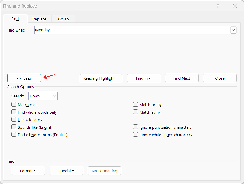 More Options in Find and Replace in Microsoft Word